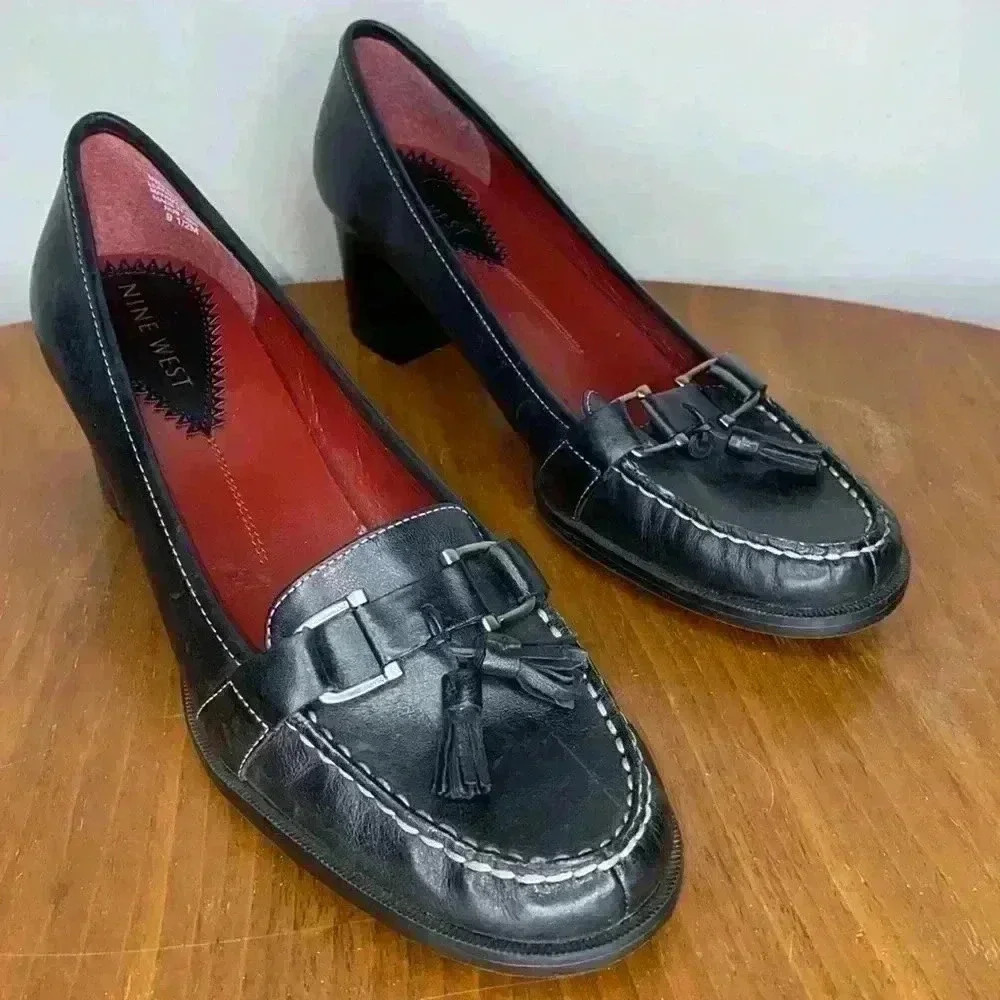 Nine West Black Leather Chunky Heel Career Shoes with Tassels Size 9.5 Womens